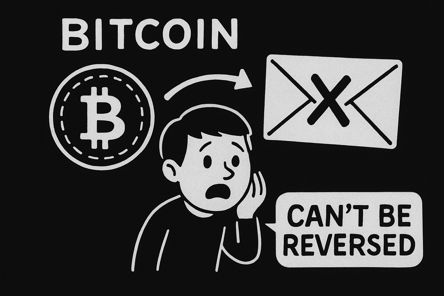 One-way arrow diagram showing Bitcoin transaction flow with red X marks indicating no possibility of reversal or cancellation