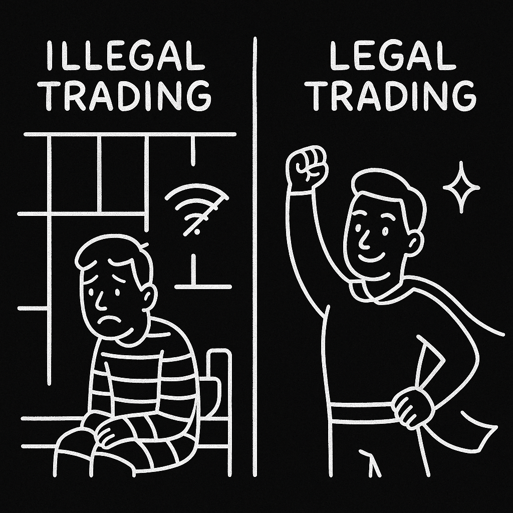A warning illustration showing the consequences of illegal cryptocurrency trading and the importance of legal compliance