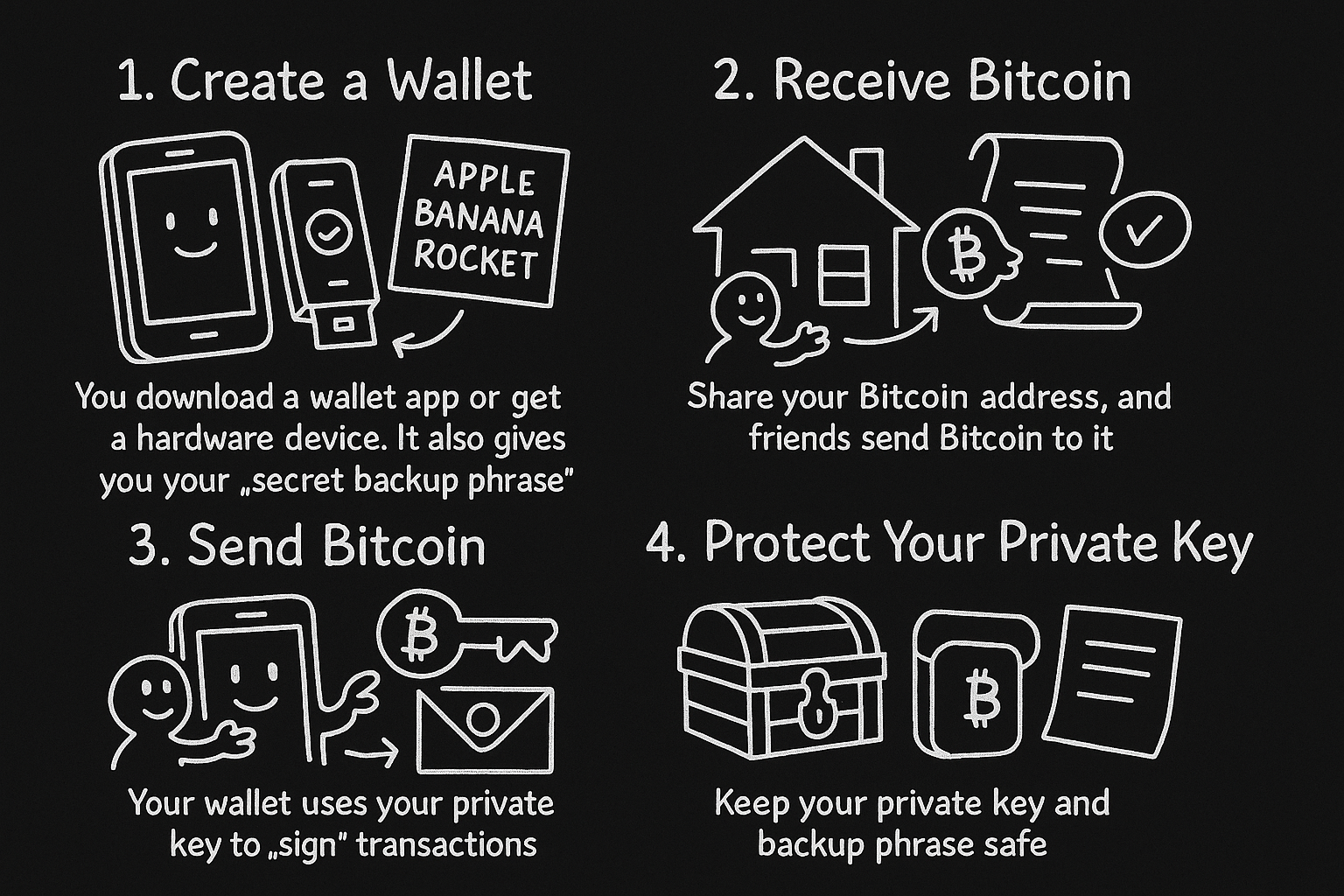 Step-by-step guide showing how to use Bitcoin wallets and manage keys