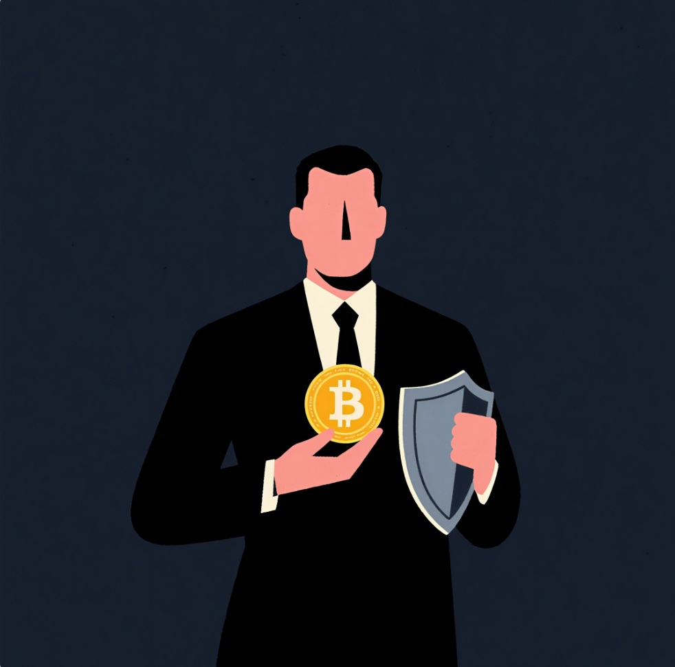 A superhero figure protecting a Bitcoin symbol, representing personal responsibility in cryptocurrency security