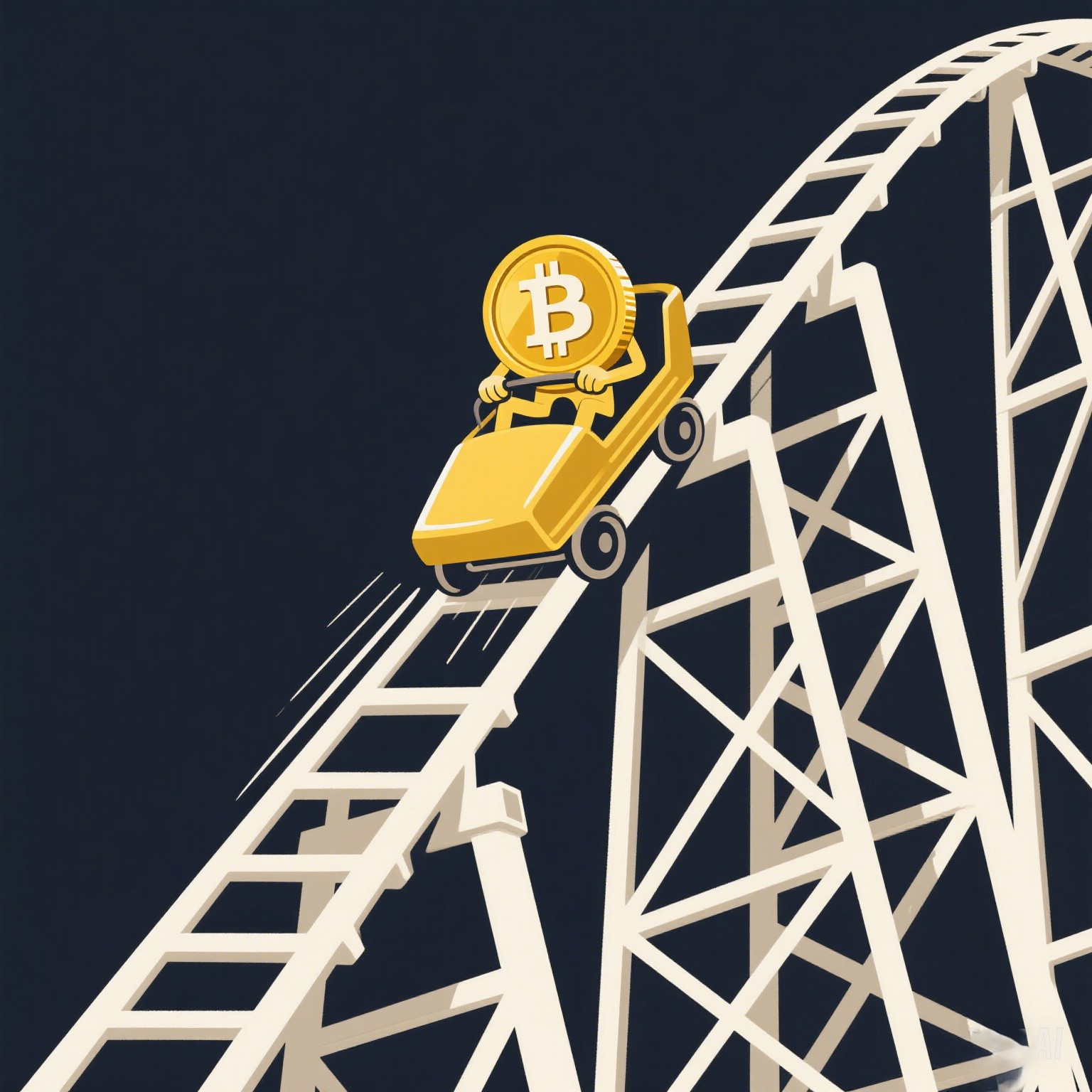 A dramatic Bitcoin price chart showing extreme volatility with sharp ups and downs, resembling a rollercoaster track